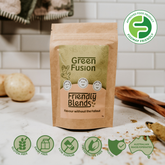 Brown package of 'Friendly Blends Green Fusion' on a wooden kitchen counter with low FODMAP certification icons.