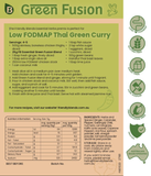 Green Fusion Low FODMAP back label with Thai Green Curry recipe with ingredients and nutritional information.