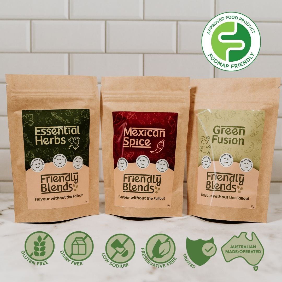 Three packages of 'Friendly Blends' on a marble surface with a tiled wall background