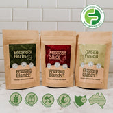 Three packages of 'Friendly Blends' on a marble surface with a tiled wall background