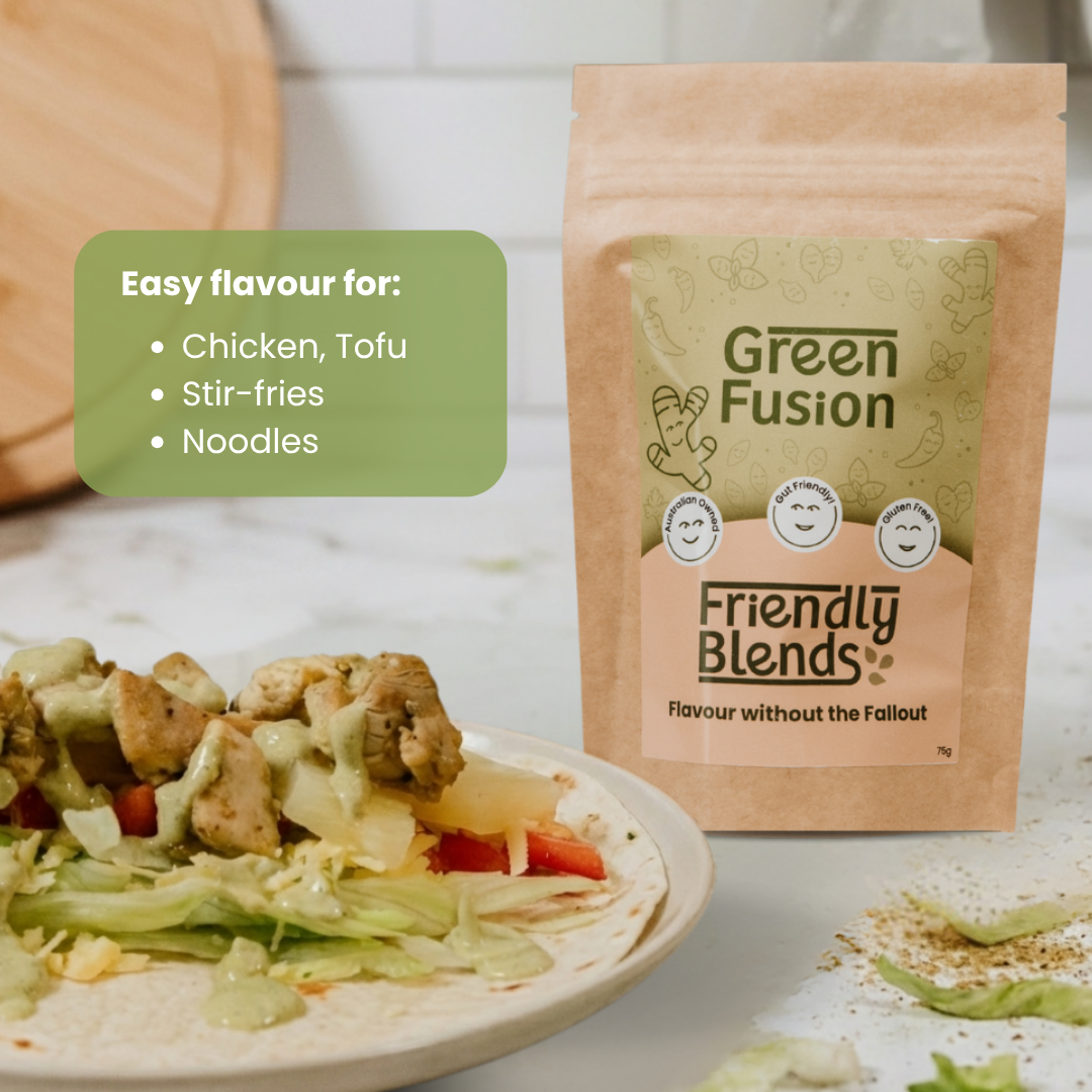 Green Fusion Friendly Blends package with a chicken salad wrap on a table
