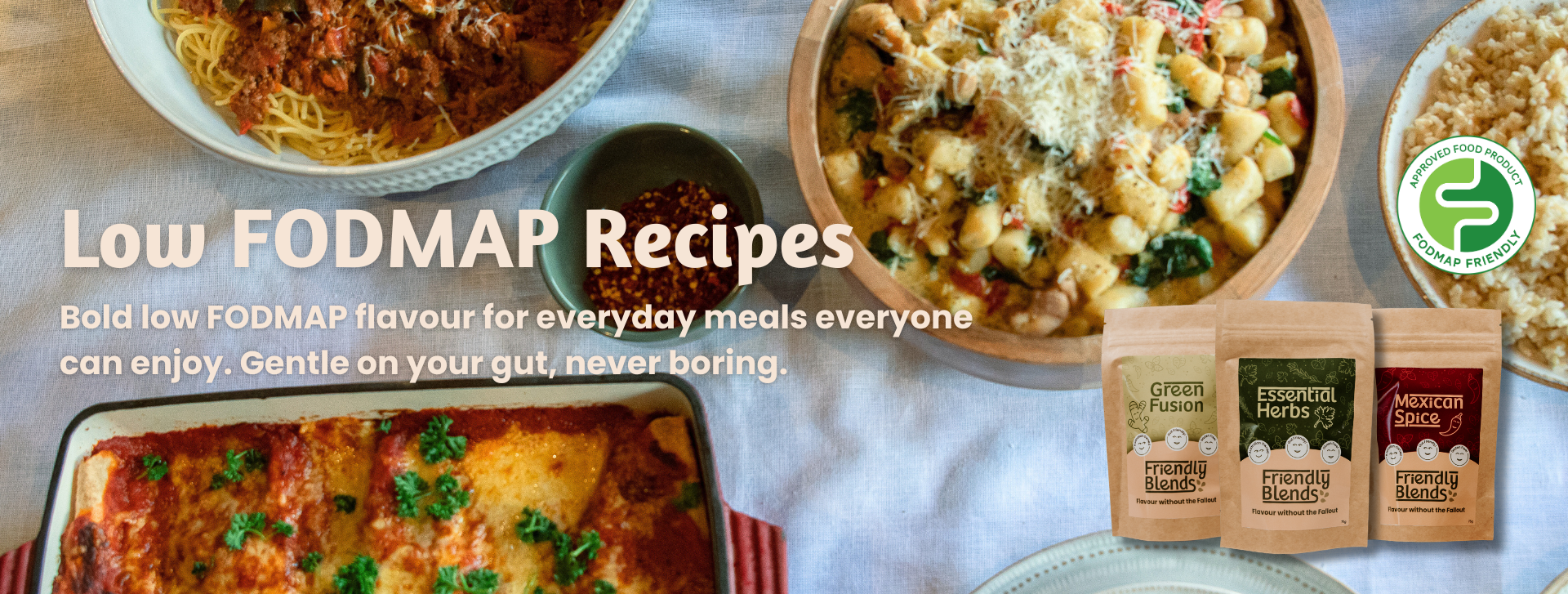 Dishes of pasta and enchiladas with low FODMAP recipe text and product packaging.